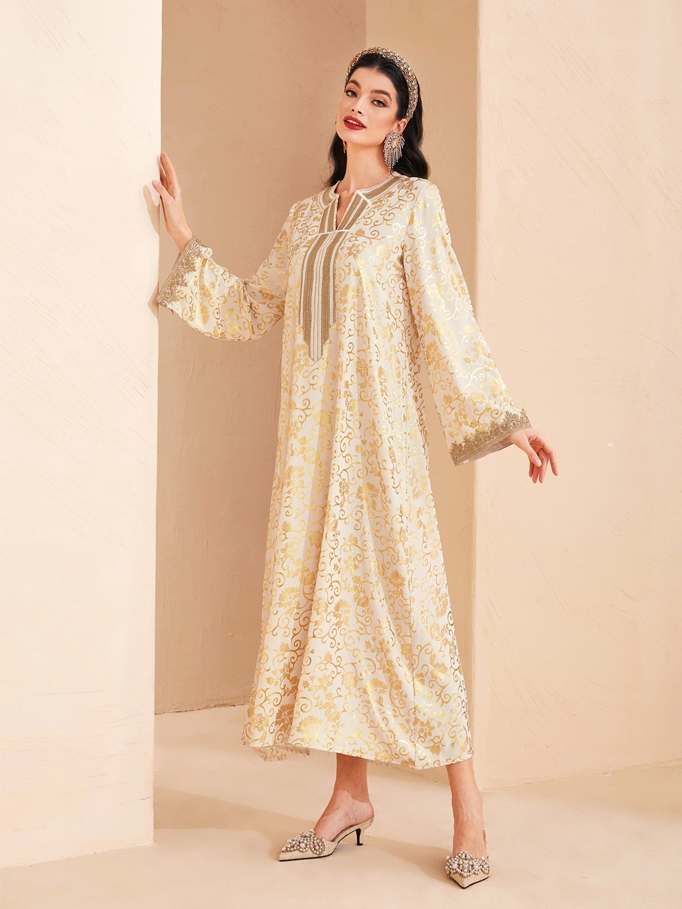 SHEIN Najma Allover Print Notched Neckline Contrast Tape Detail Dress
