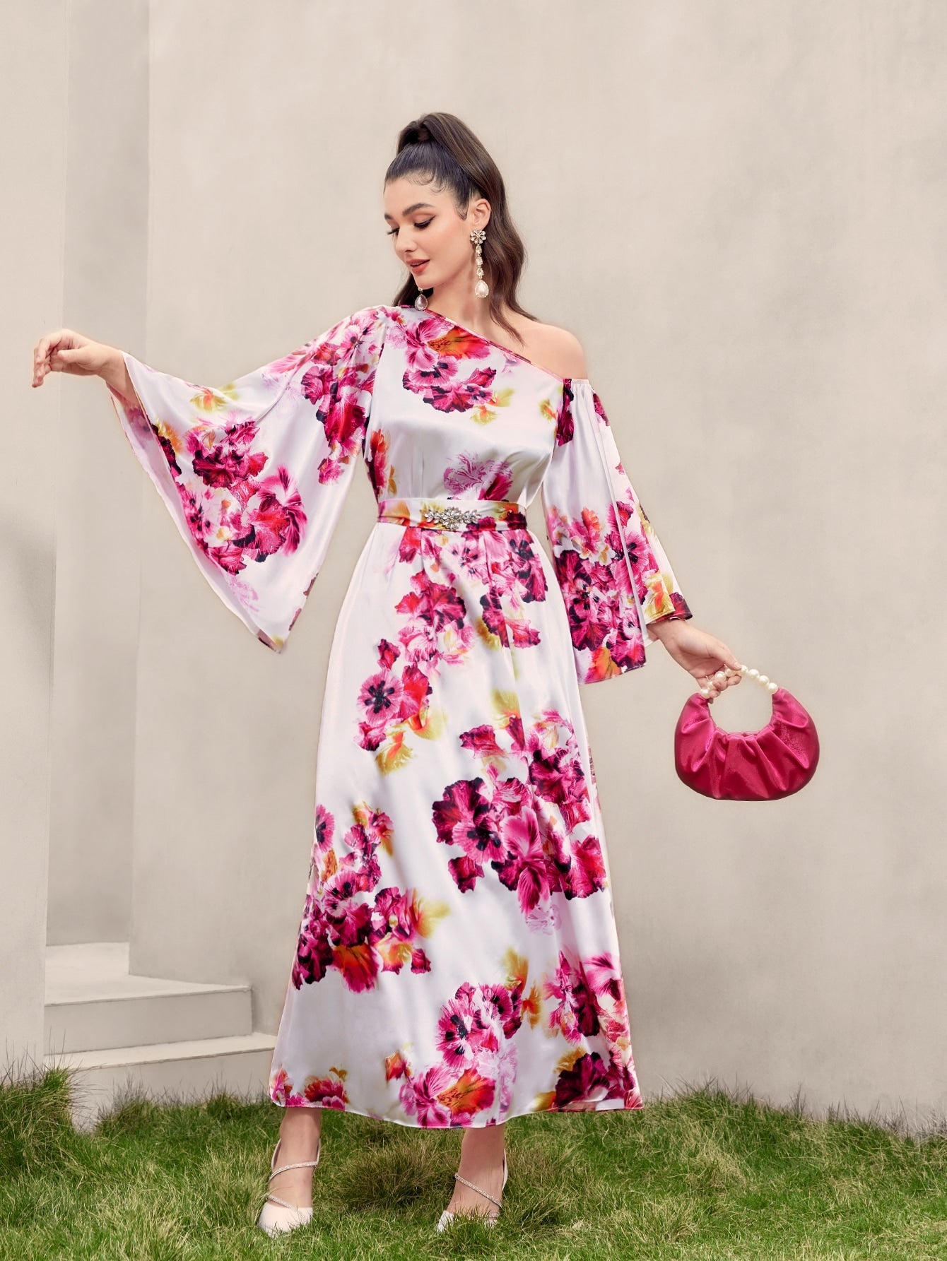 SHEIN Modely Floral Print Asymmetrical Neck Belted Dress