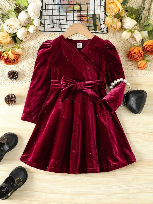 Little Girls' Solid Color Velvet Puff Sleeve Dress with Waist Belt