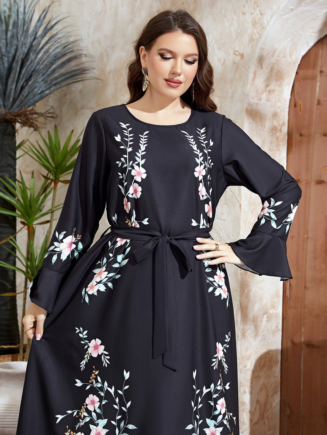 SHEIN Najma plus Floral Print Flounce Sleeve Belted Dress
