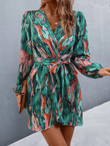 Allover Print Lantern Sleeve Belted Wrap Hem Dress