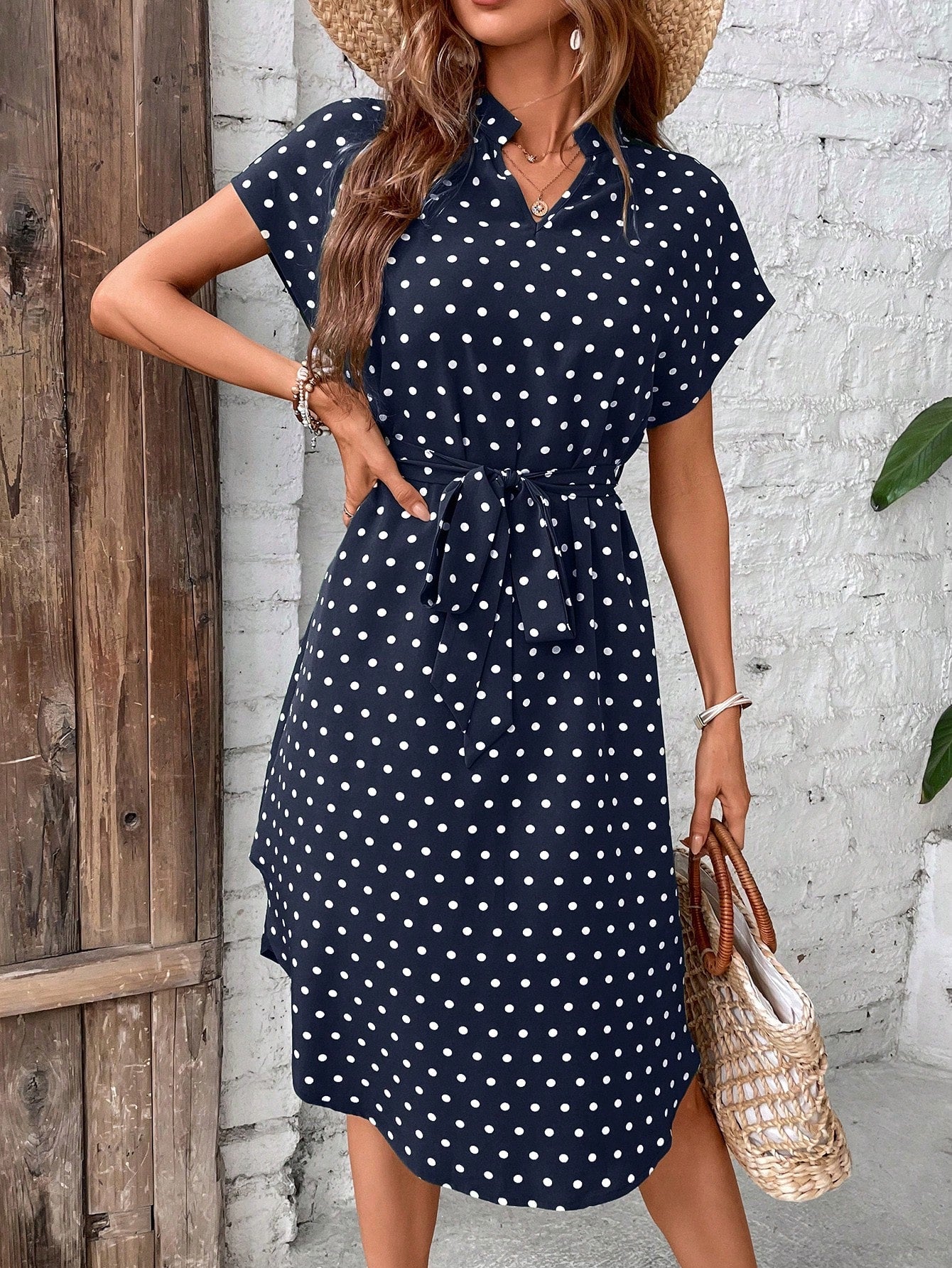 SHEIN LUNE Polka Dot Print Batwing Sleeve Belted Dress