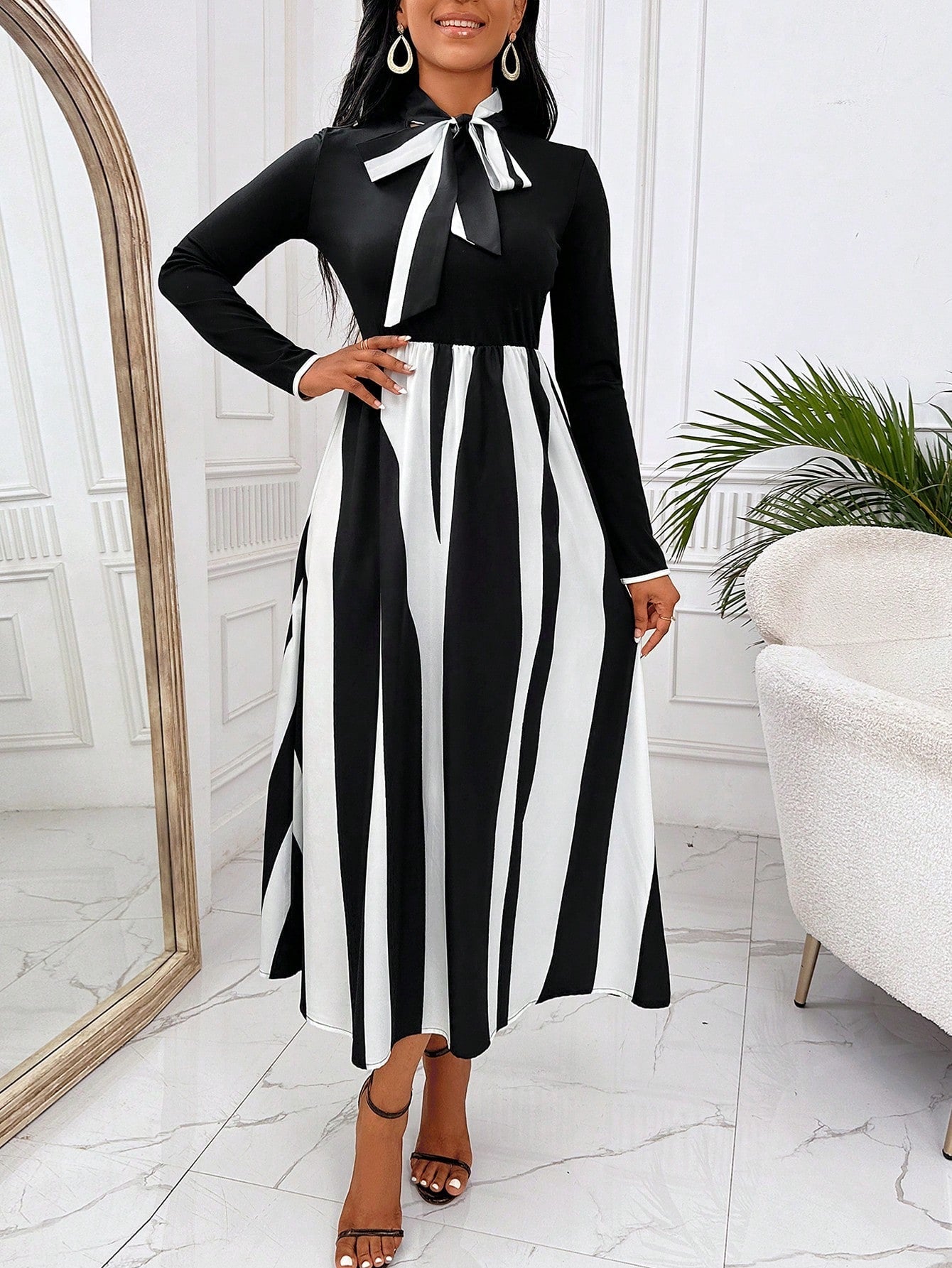 SHEIN Lady Striped Print Tie Neck Dress