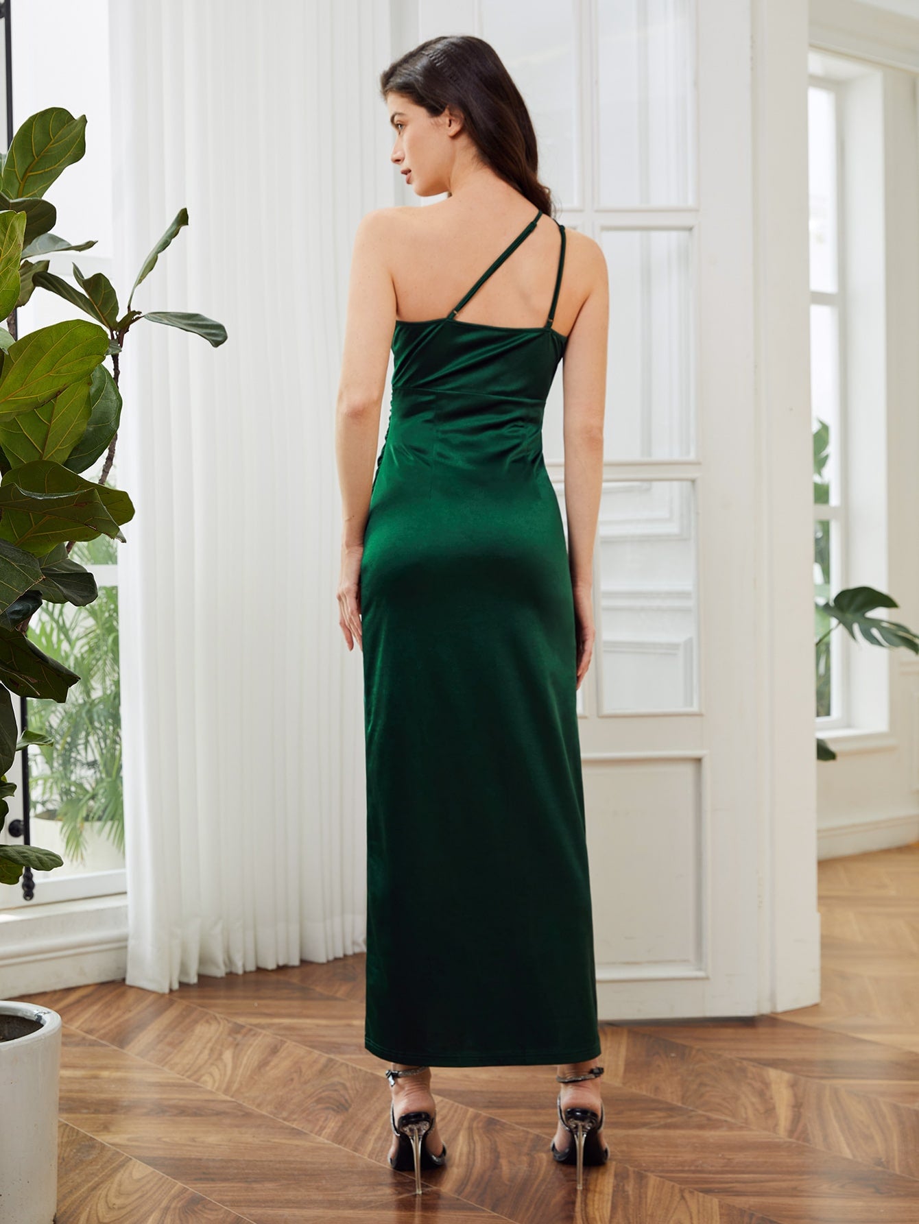 SHEIN Belle One Shoulder Cut Out Ruched Split Hem Satin Dress