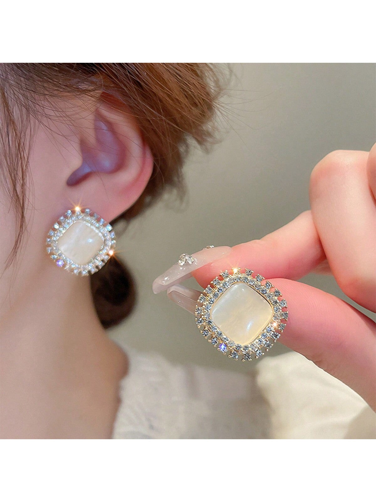 5Pcs/Set Deluxe Pearl & Flower & Diamond & Cat'S Eye Stone Ellipse Shaped Earrings Suitable for Daily and Festival Wear