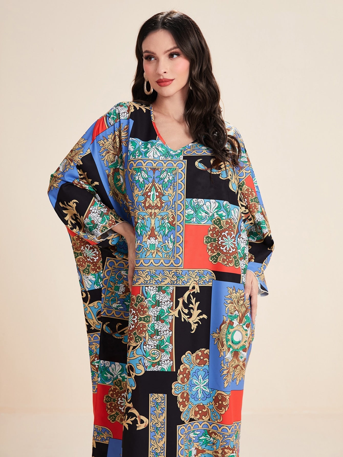 SHEIN Najma Patchwork Print Batwing Sleeve Kaftan