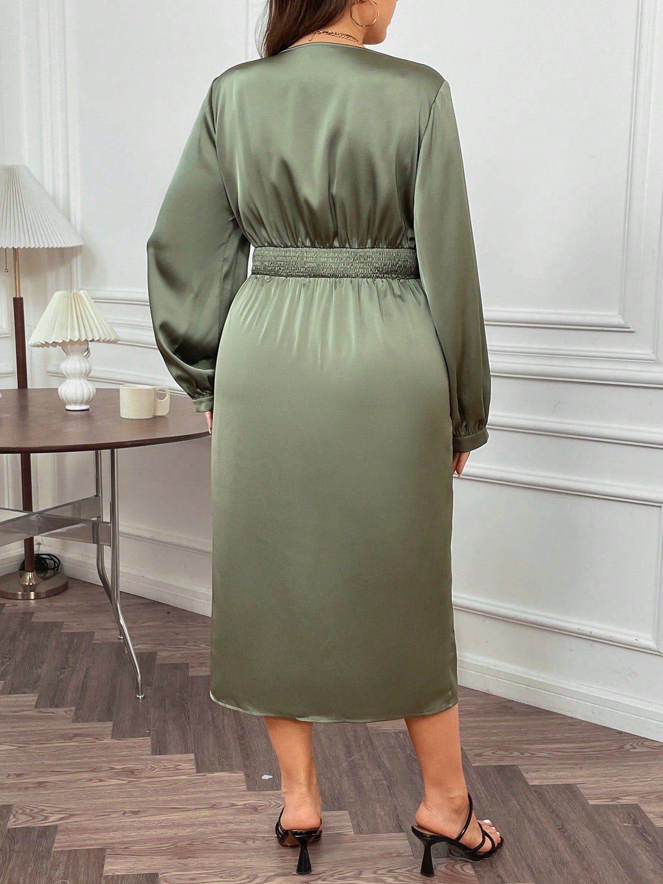Plus Square Neck Split Thigh Satin Dress