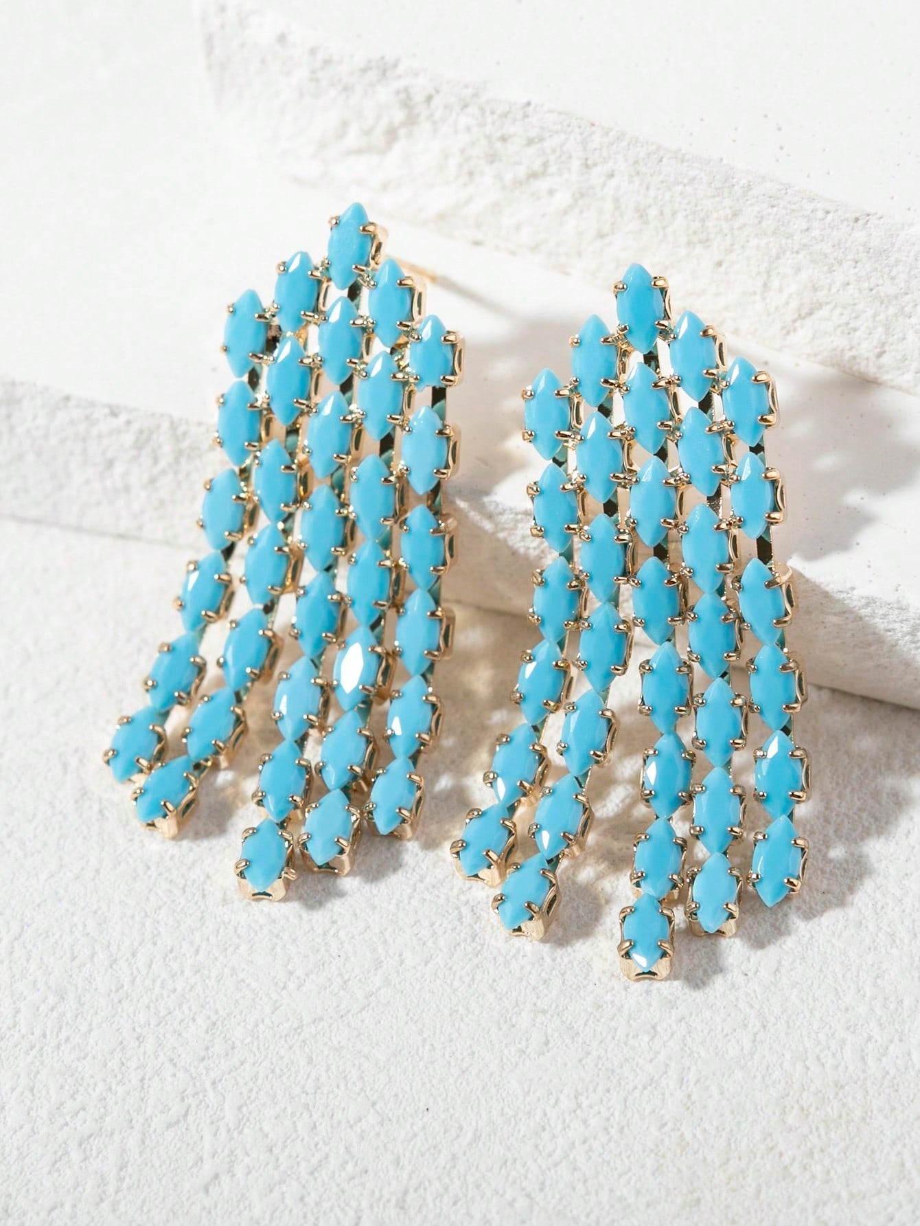 1Pair Fashionable Blue Glass Cat'S Eye & Tassel Dangle Earrings Suitable for Daily & Vacation Wear for Women