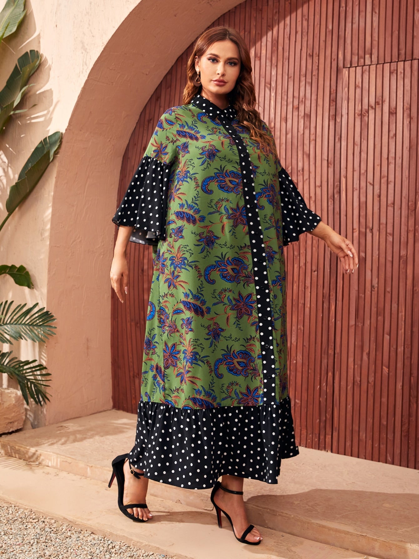 SHEIN Mulvari plus Paisley & Polka Dot Print Ruffle Hem Button Front Dress