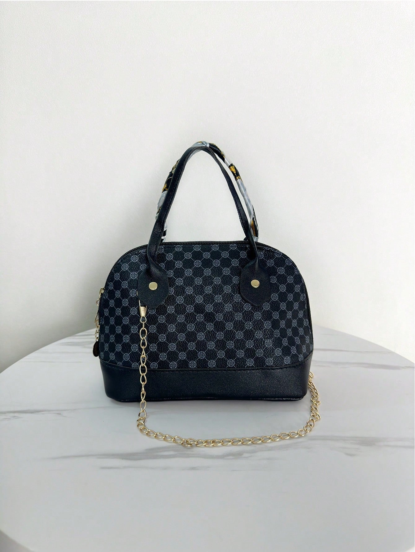 1Pc Mini Geometric Pattern Handbag with Silk Scarf, Chain and Shell Decoration, Can Be Carried by Hand or Crossbody