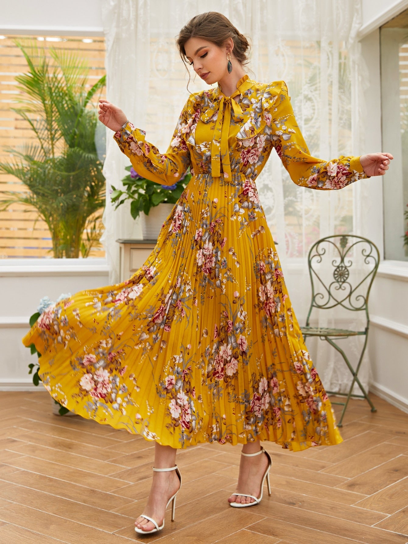 SHEIN Mulvari Tie Neck Allover Floral A-Line Dress