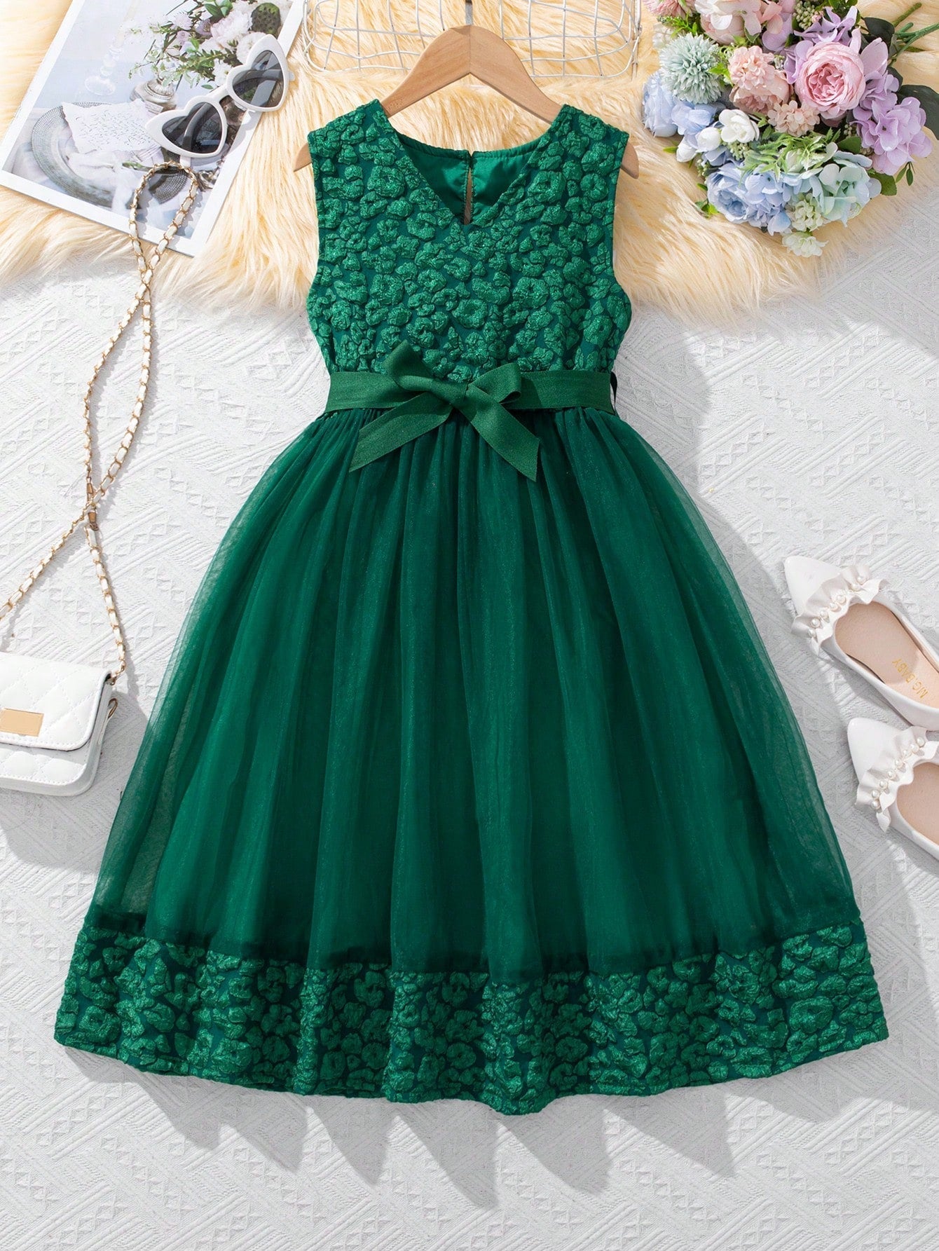 Tween Girl'S Green Jacquard Mesh Dress