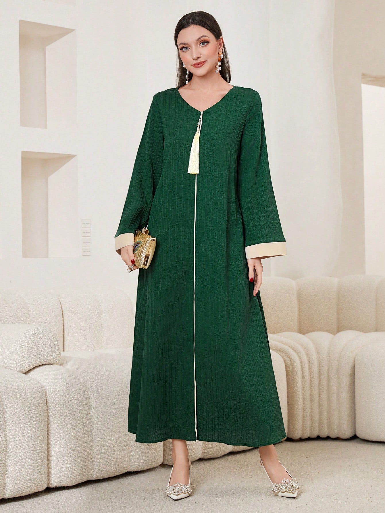SHEIN Najma Green V-Neck Contrast Binding Dress