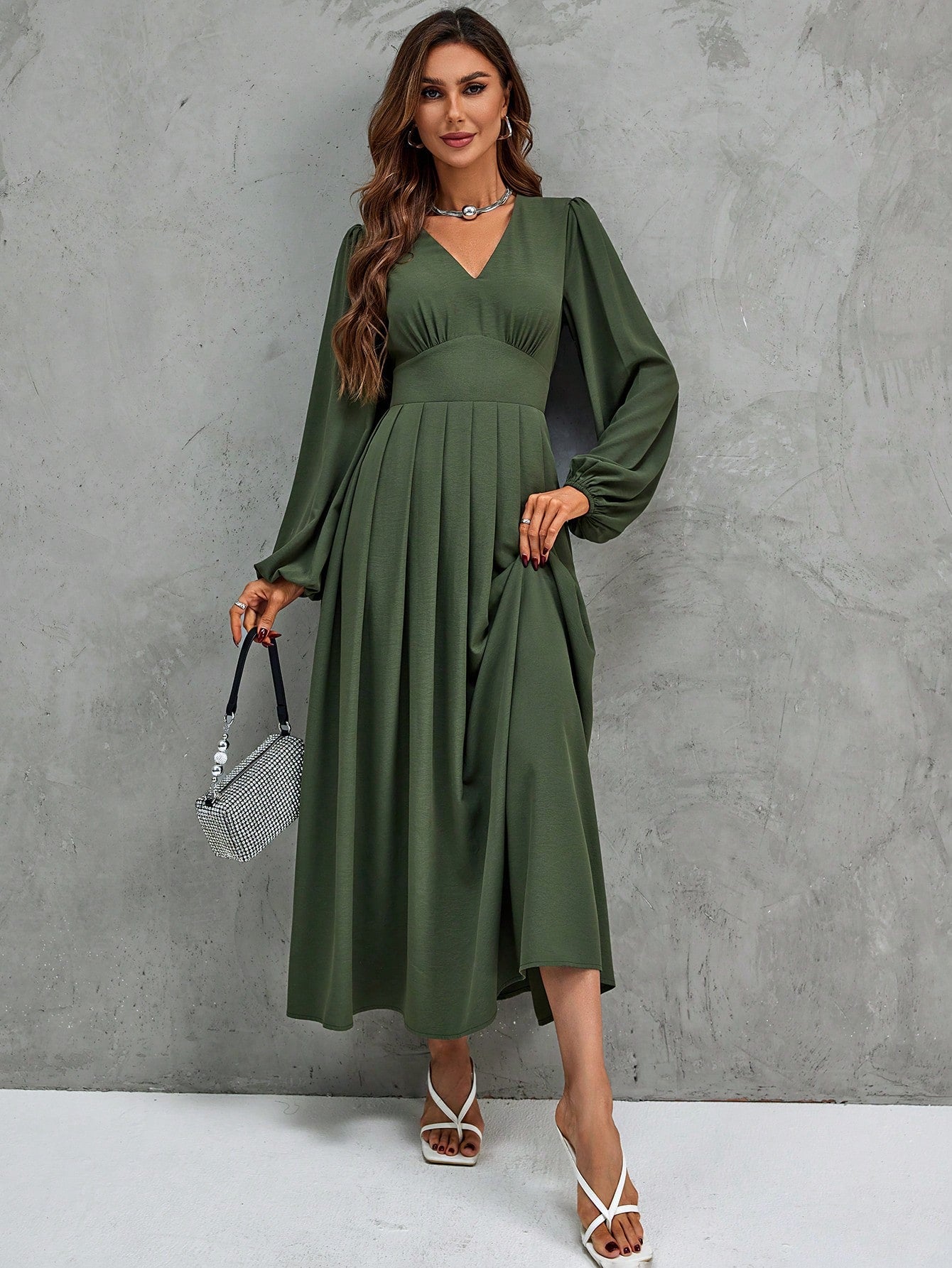 Solid V Neck Lantern Sleeve A-Line Dress