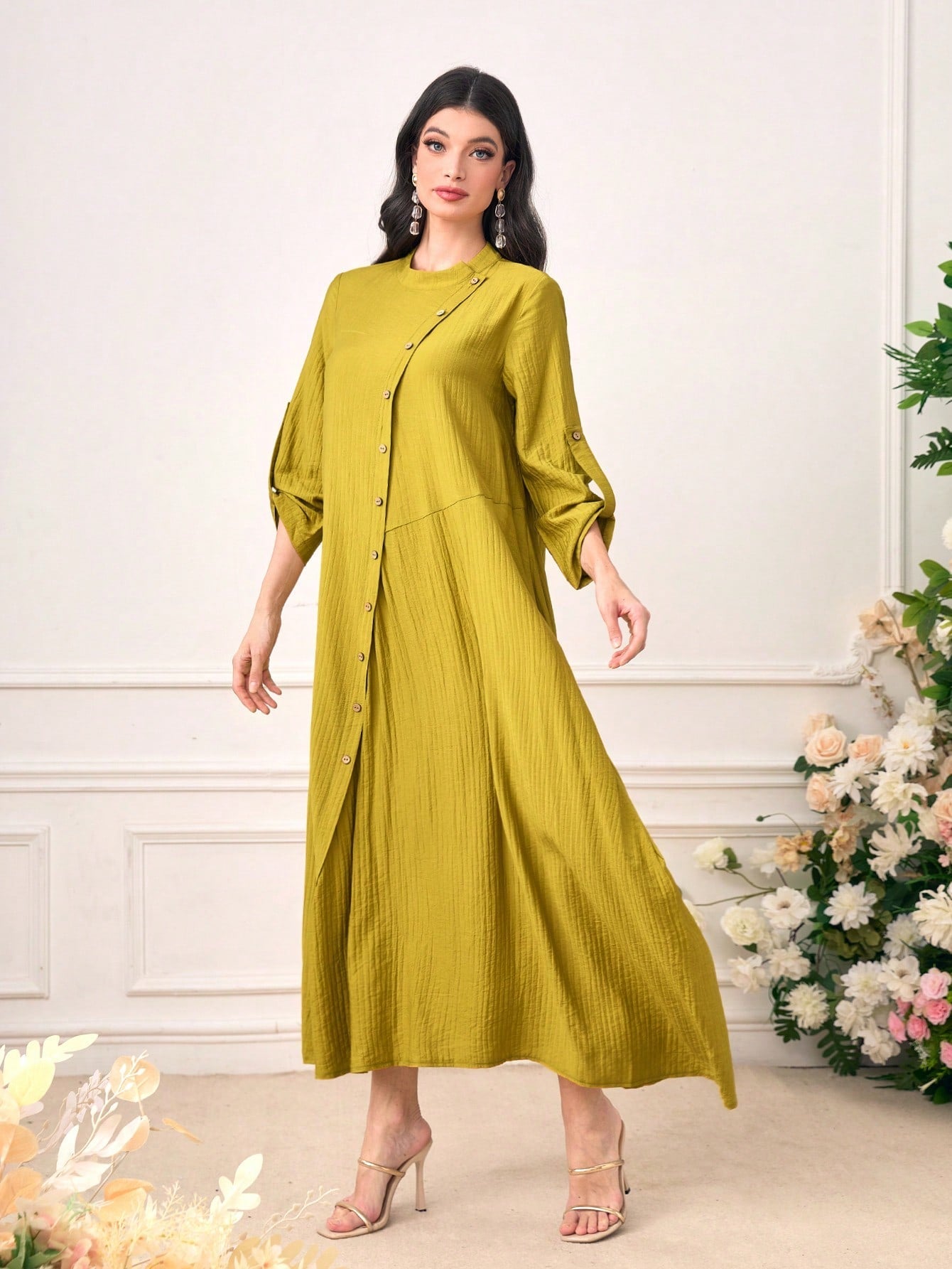 SHEIN Najma Roll up Sleeve Button Front Asymmetrical Hem Dress
