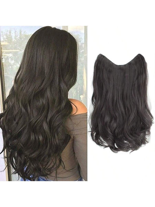 Synthetic Fiber Big Wavy V Shaped Hair Extensions for White People, Invisible Four Clip Hairpiece, 16/20/24 Inch Available in Black and Brown