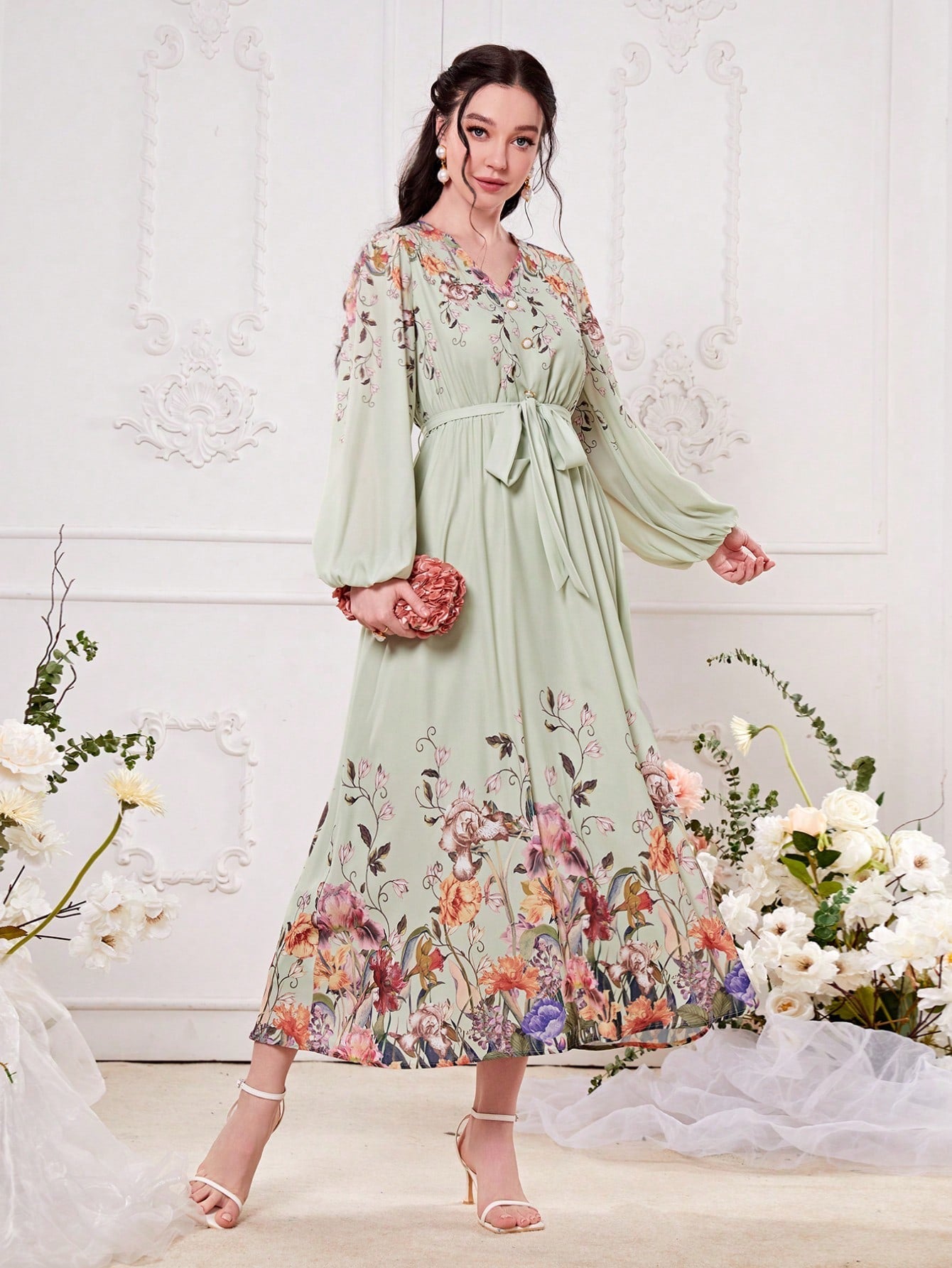 SHEIN Modely Floral Print Lantern Sleeve Belted Dress