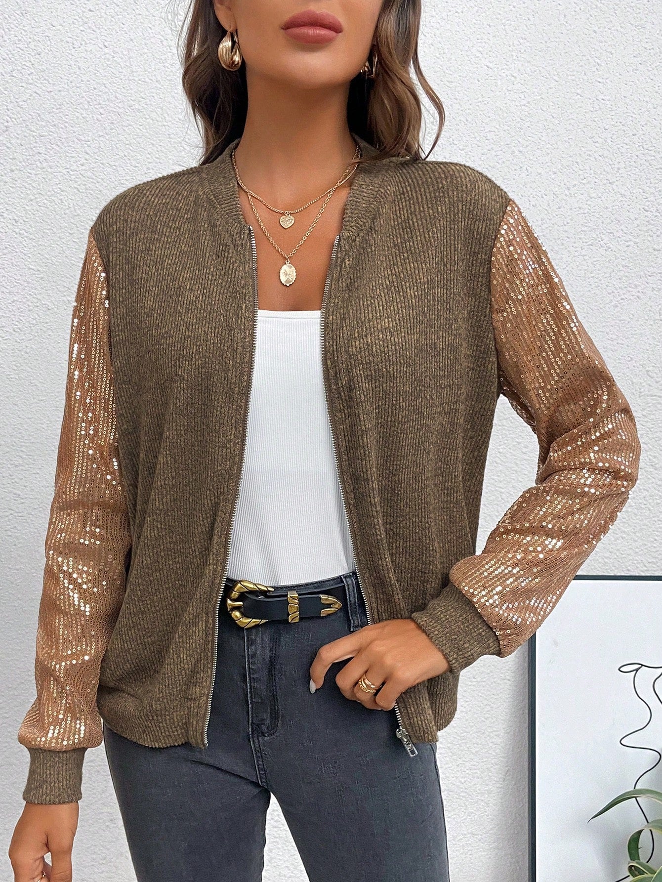 SHEIN LUNE Contrast Sequin Zip up Bomber Jacket