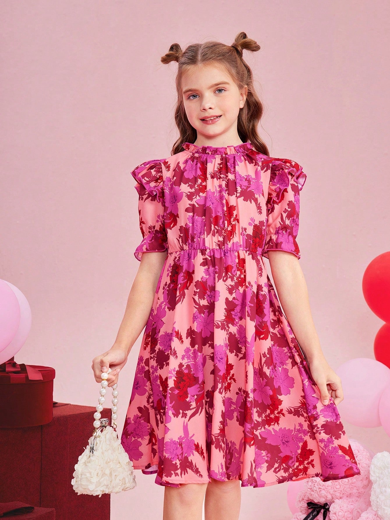 SHEIN Kids CHARMNG Big Girls' Woven Flower Pattern Short Sleeve Dress with Ruffle Hem and Peter Pan Collar