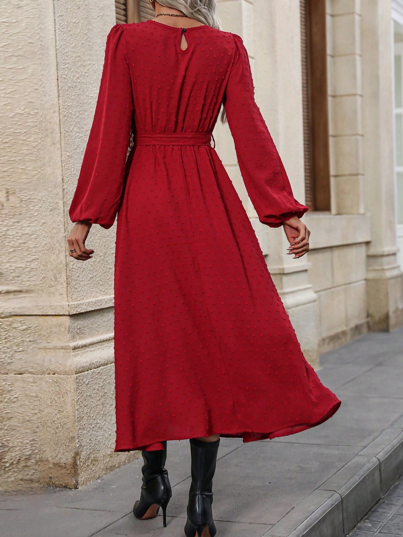 Women'S Lantern Sleeve Belted Dress