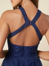 SHEIN Belle Contrast Lace Mesh Hem Halter Dress