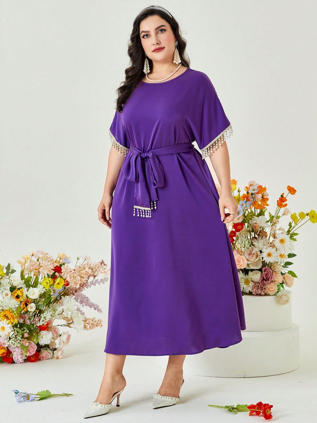 SHEIN Najma plus Contrast Fringe Trim Belted Dress