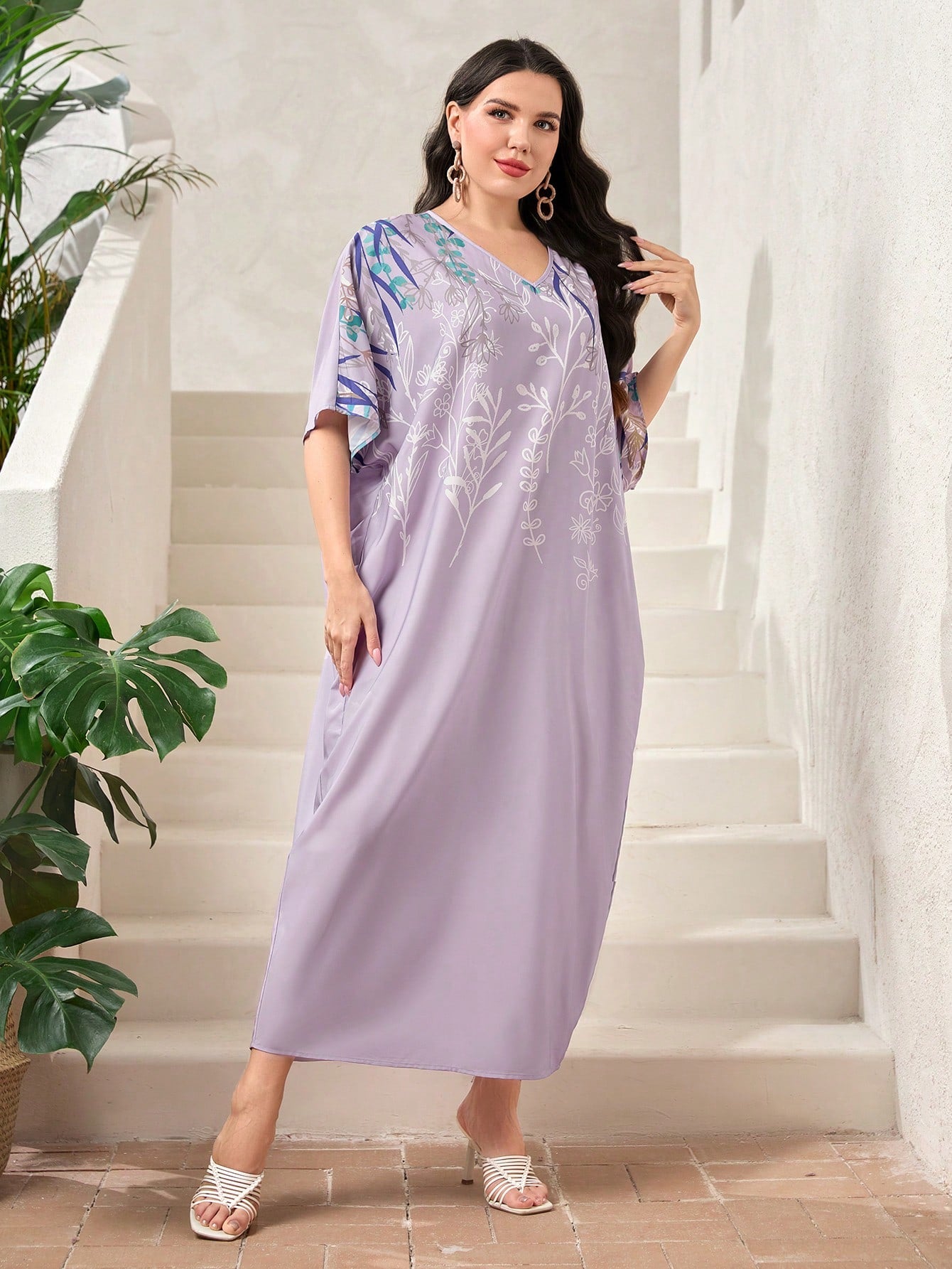 SHEIN Mulvari plus Floral Print Batwing Sleeve Dress