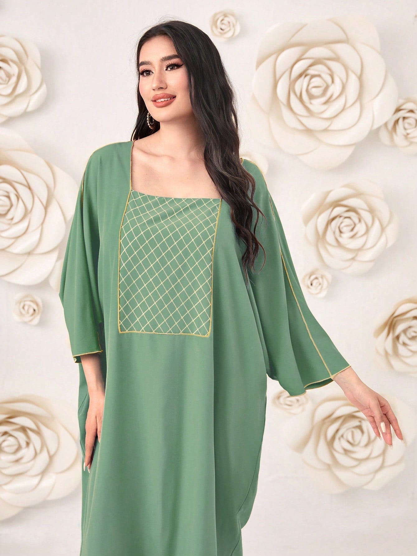 SHEIN Najma Plaid Print Batwing Sleeve Kaftan