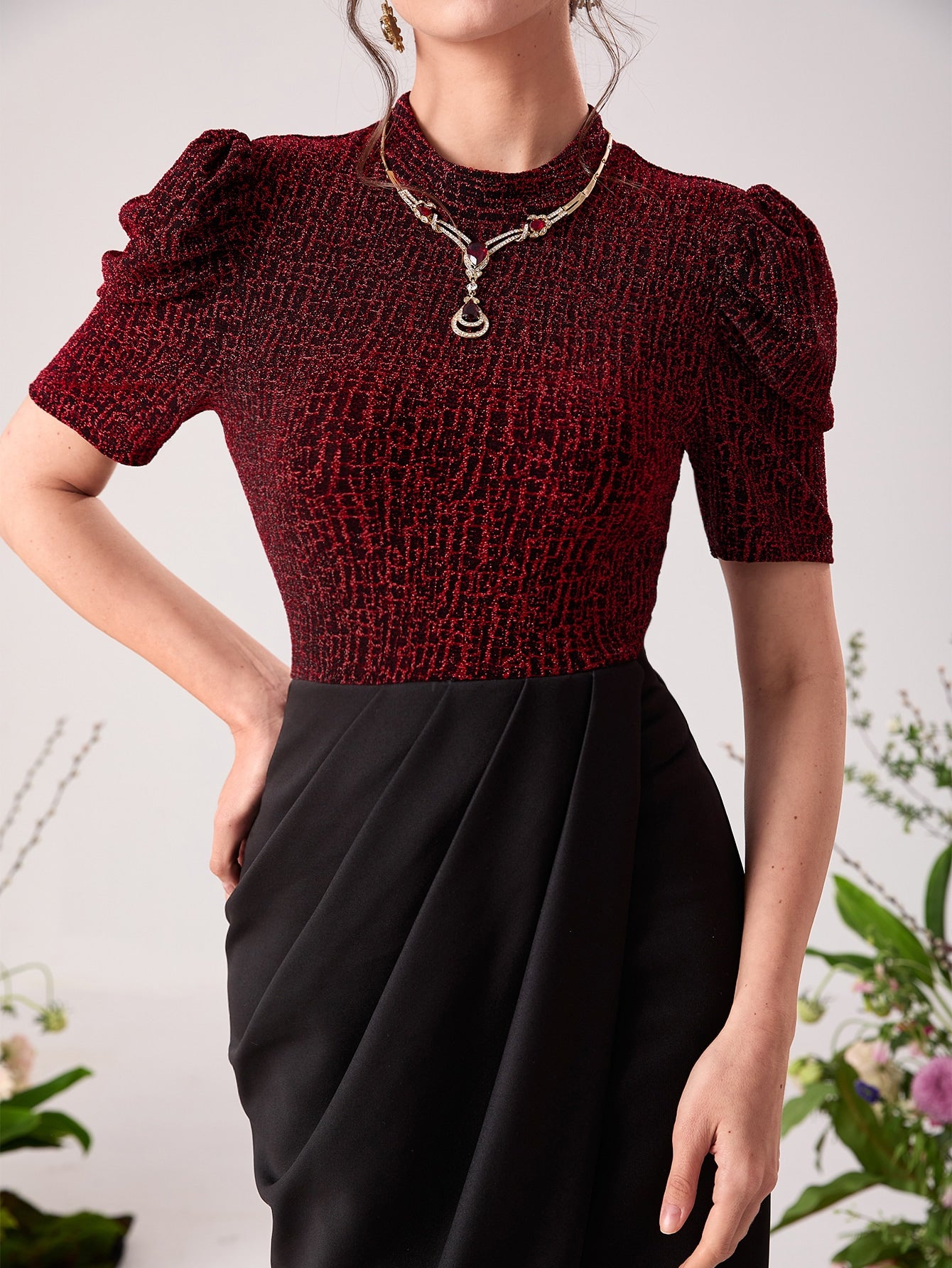 SHEIN Modely Puff Sleeve Wrap Hem Glitter Dress