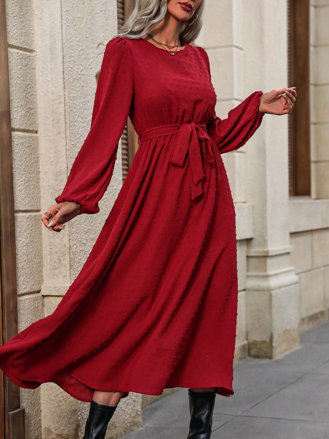 Women'S Lantern Sleeve Belted Dress