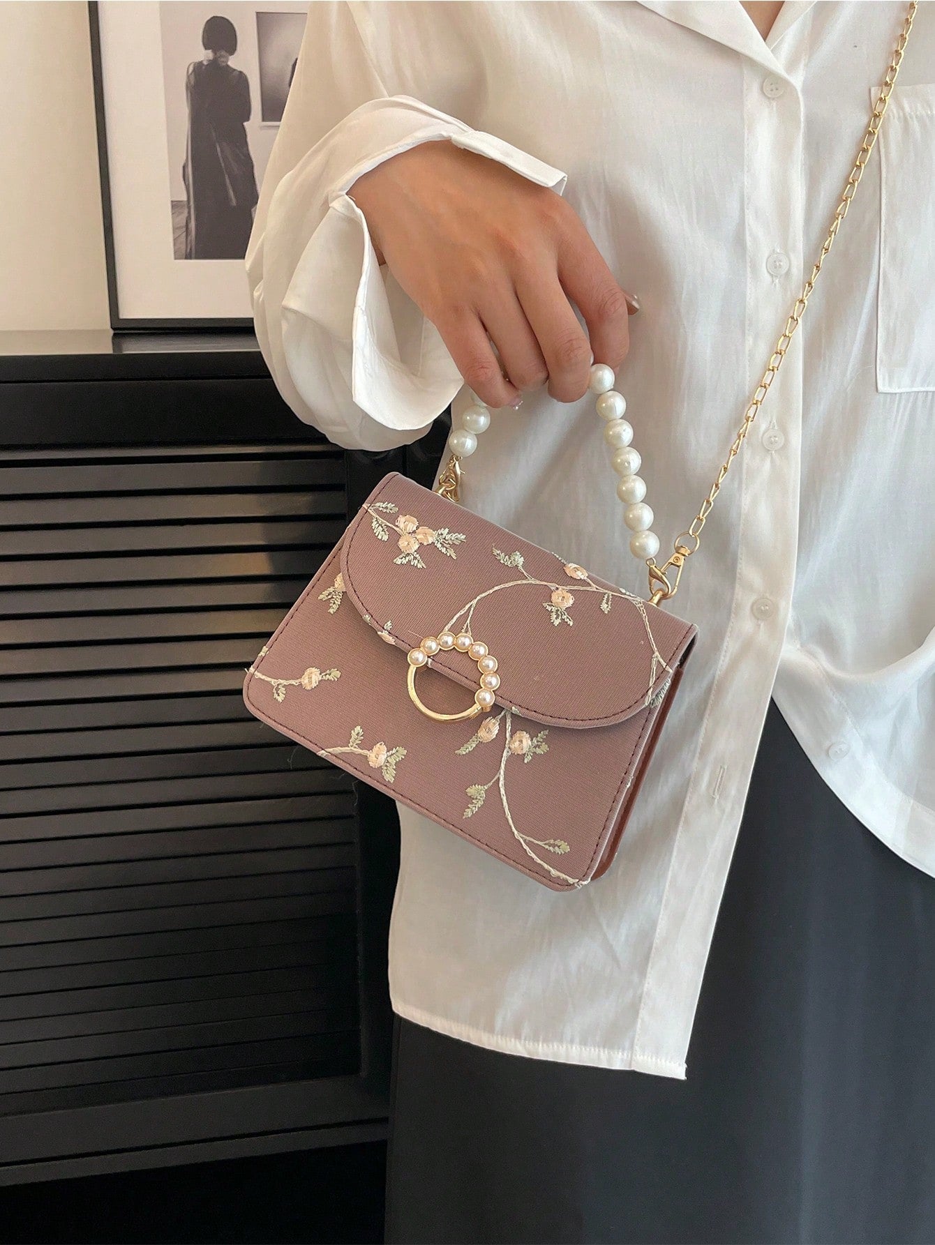 Mini Square Bag Flower Embroidery Faux Pearl Decor Fashionable