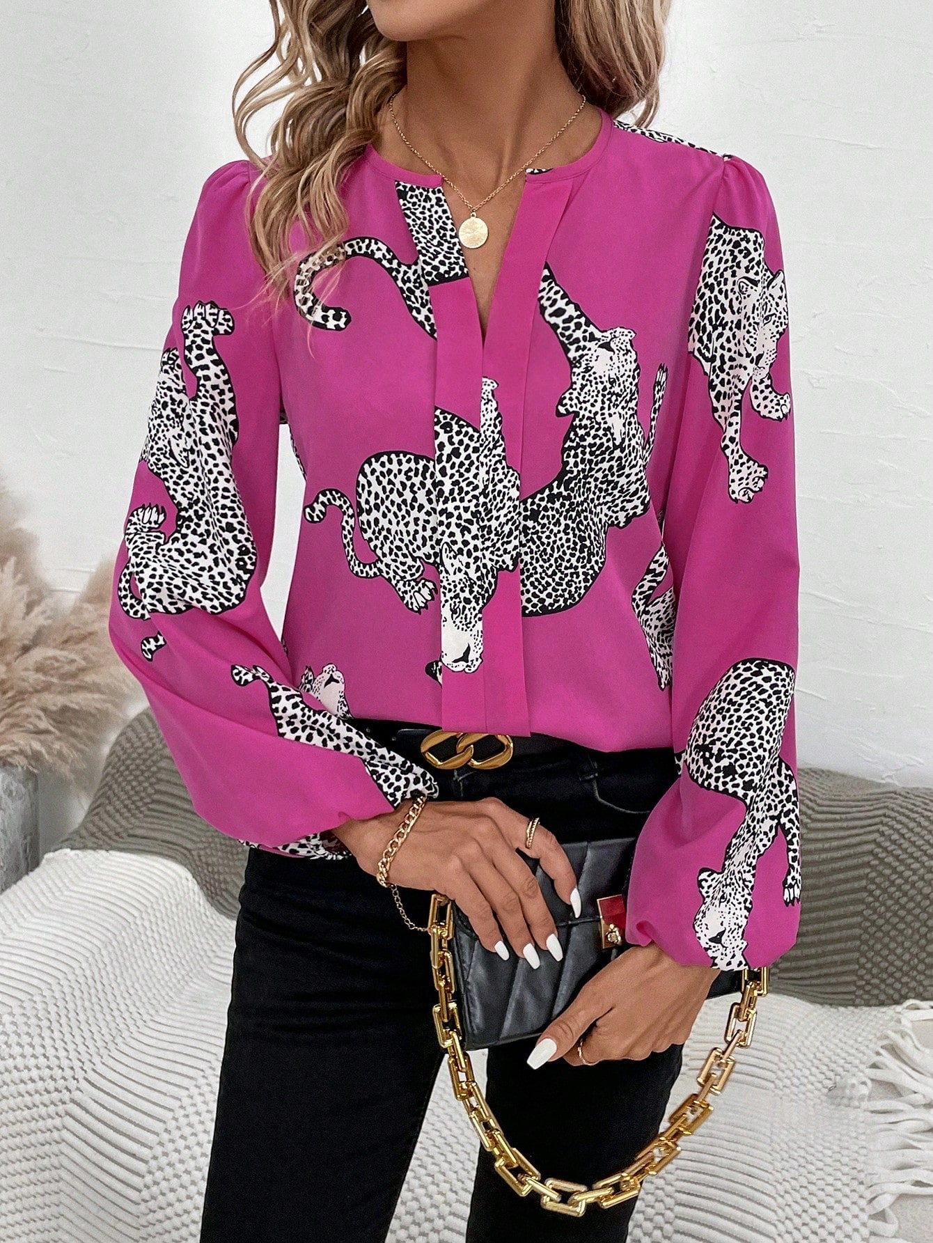 SHEIN Frenchy Leopard Print Notched Neckline Lantern Sleeve Blouse