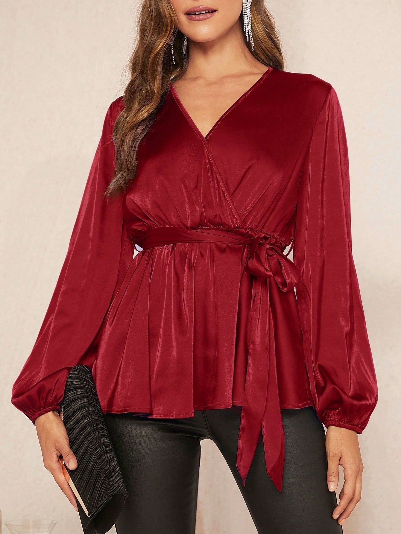 SHEIN Clasi Lantern Sleeve Belted Satin Peplum Top