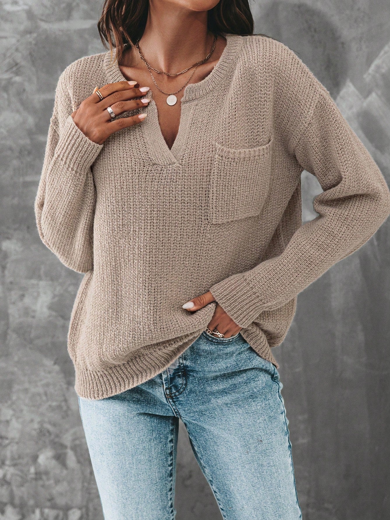 SHEIN LUNE Notched Neckline Drop Shoulder Pocket Patched Sweater