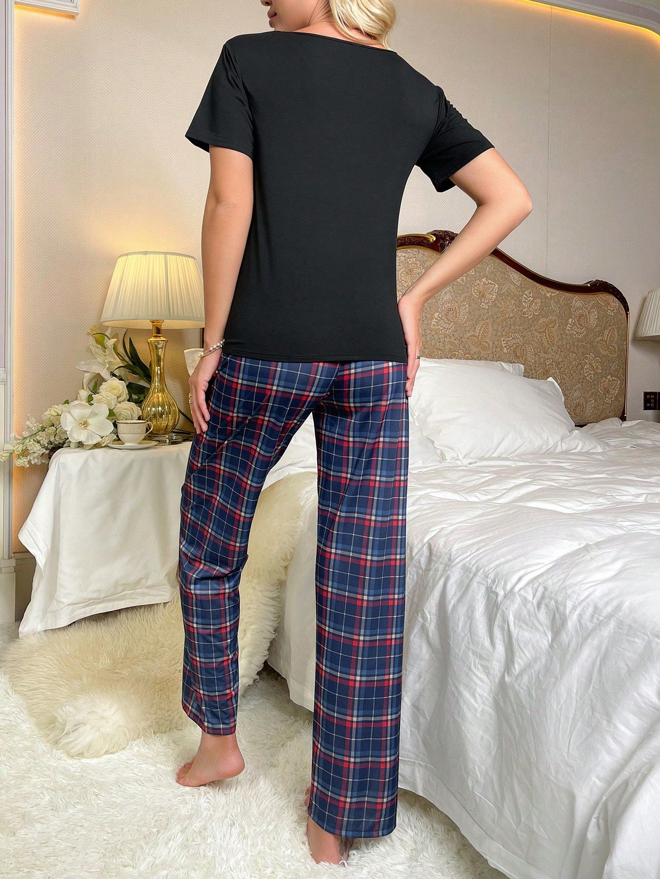 Christmas Plaid Print Pocket Patched Tee & Bow Front Pants Lounge Set