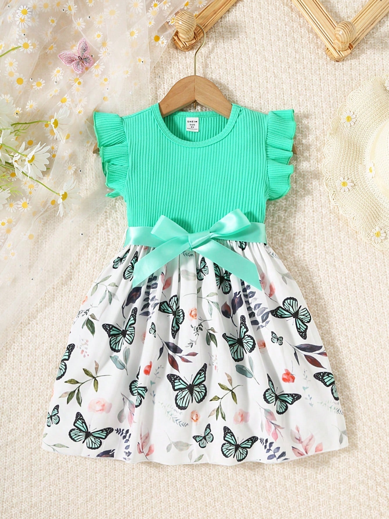 Young Girl Butterfly Print Ruffle Trim Belted Dress