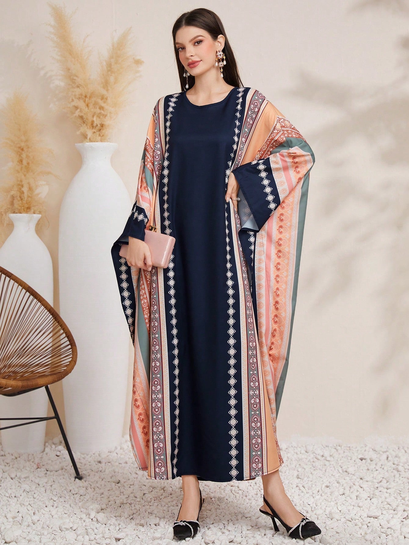 SHEIN Najma Geometric Pattern Batwing Sleeve Kaftan