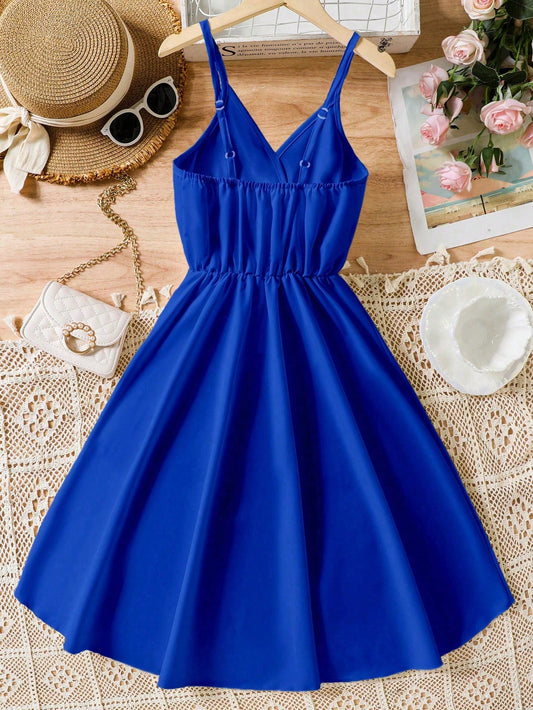 Teen Girls Solid Surplice Front Cami Dress