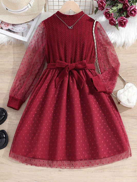 SHEIN Kids CHARMNG Tween Girl Contrast Mesh Mock Neck Belted Dress