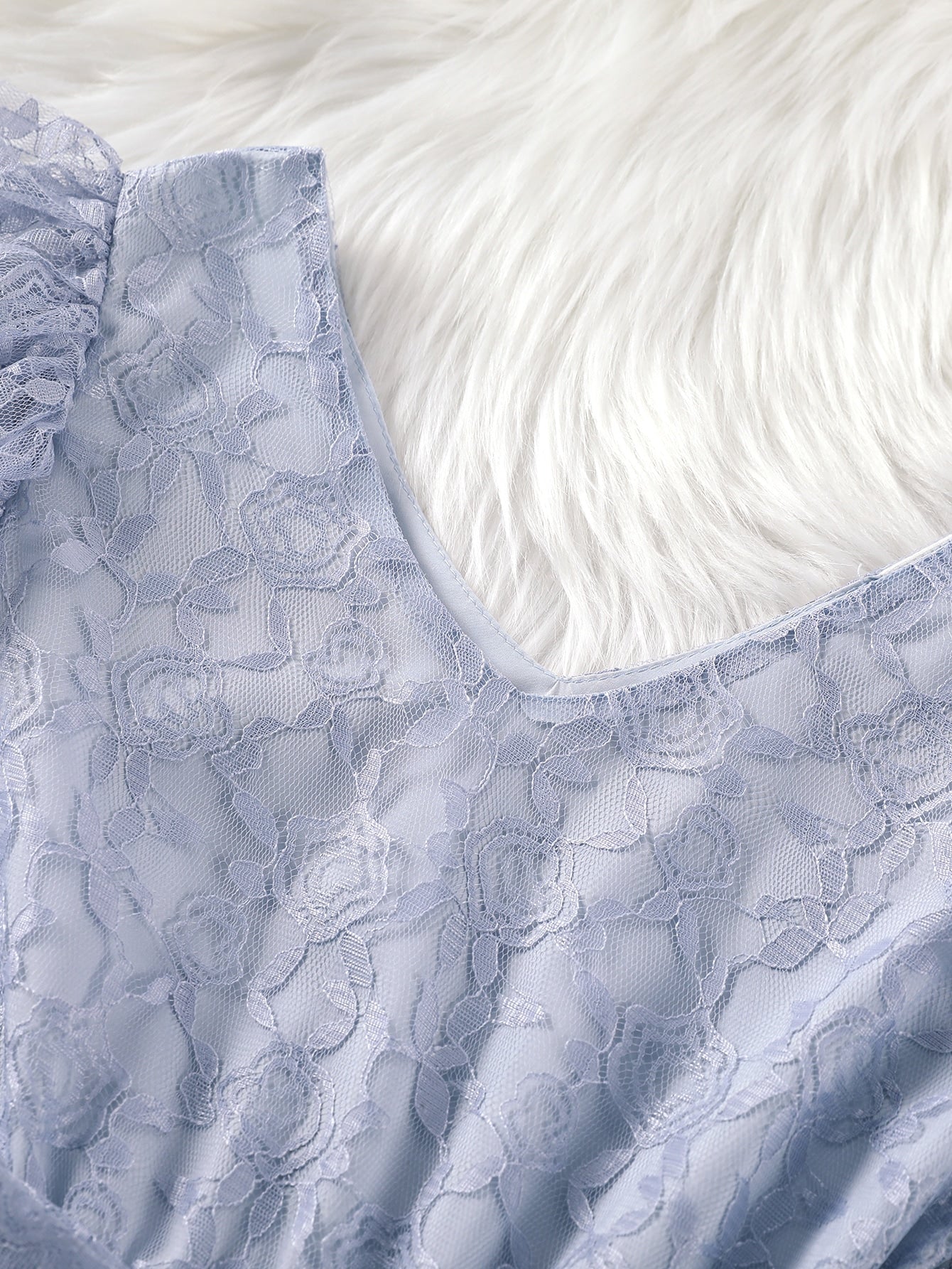 Girls Puff Sleeve Ruffle Trim Belted Lace Dress