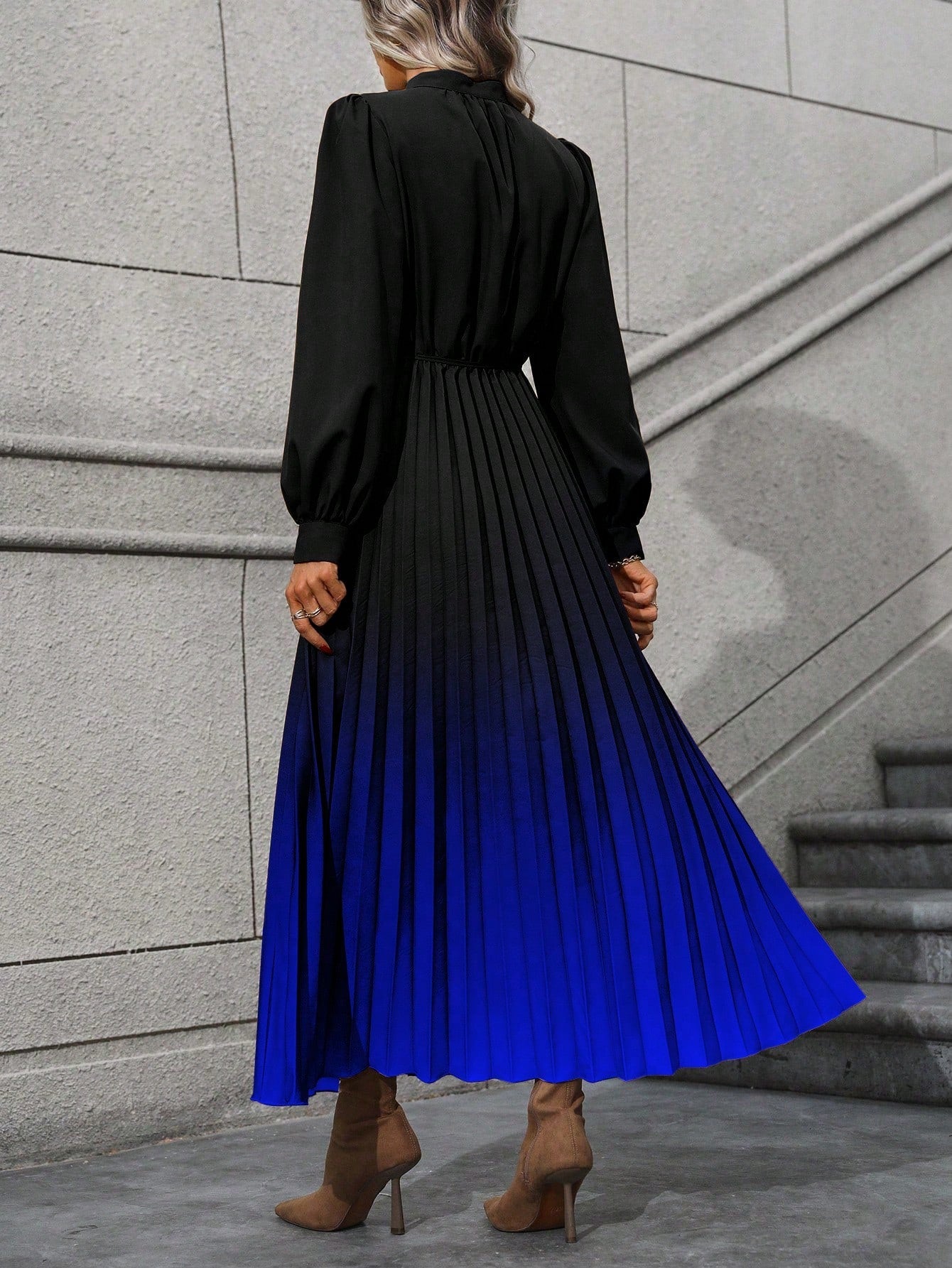 Ombre Pleated Hem Shirt Dress without Belt