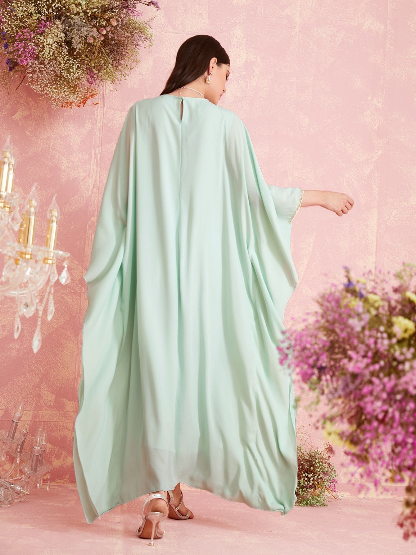 SHEIN Najma Keyhole Back Lace Floral Embroidery Pearls Beaded Tape Kaftan