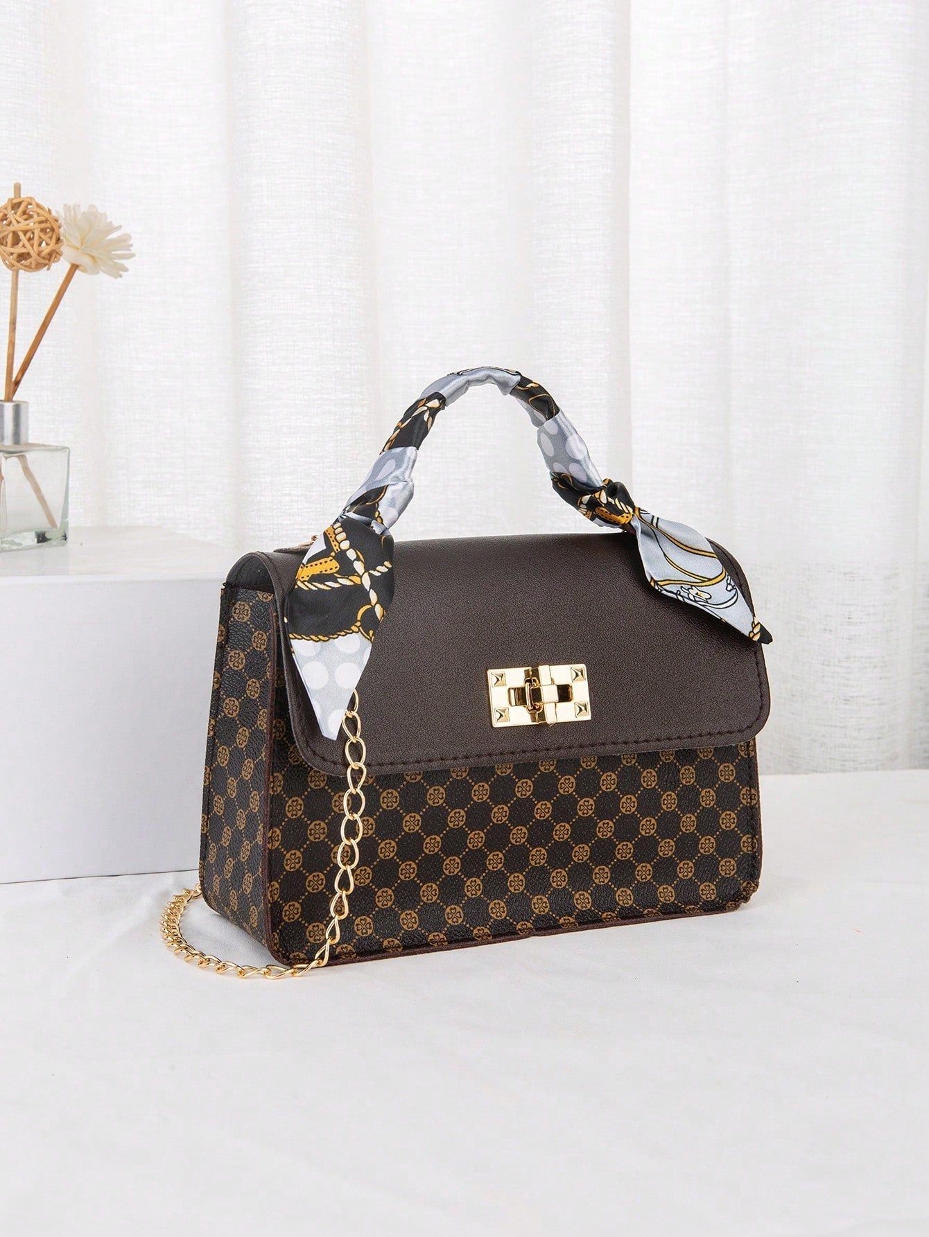 Vintage Retro New Fashion Polka Dots Shoulder Bag with Chain Strap, Scarf & Square Shaped Purse