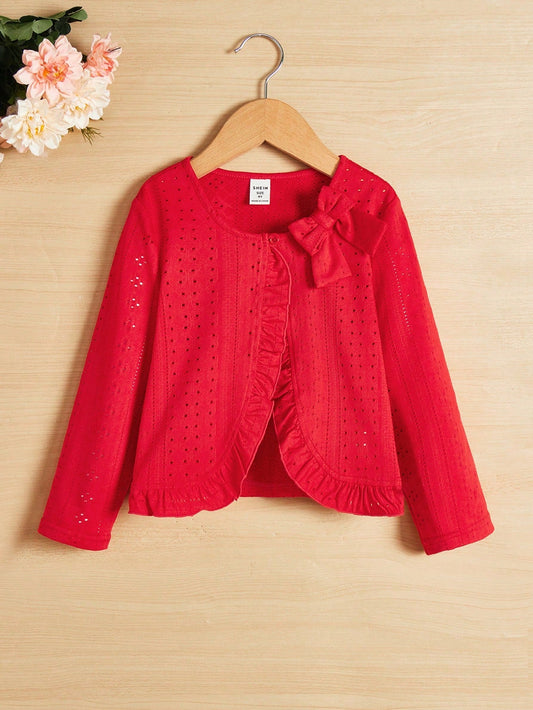 SHEIN Kids EVRYDAY Toddler Girls' Red Hollow Out Jacket with Ruffle Hem