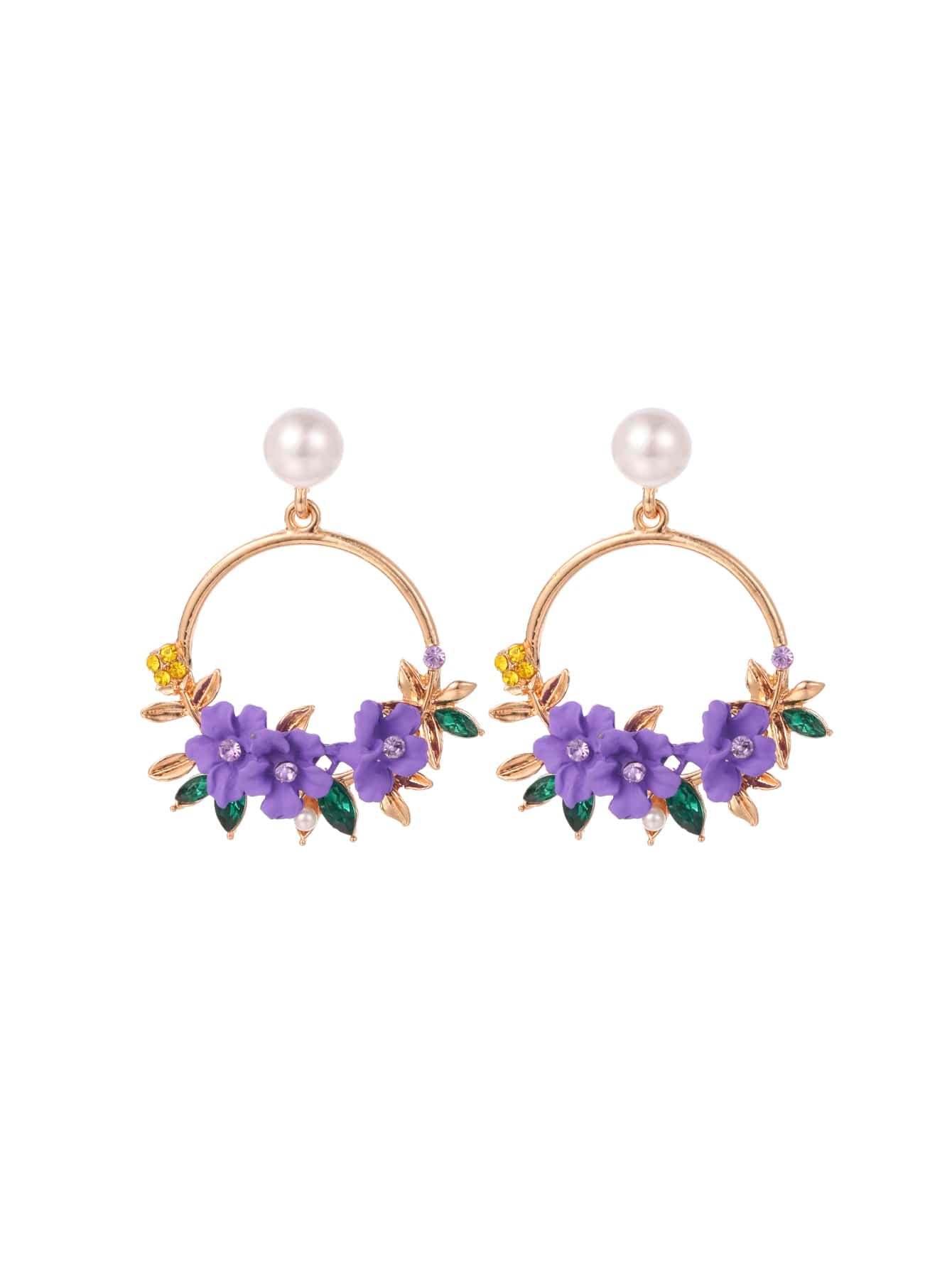 Rhinestone & Flower Decor Circle Drop Earrings