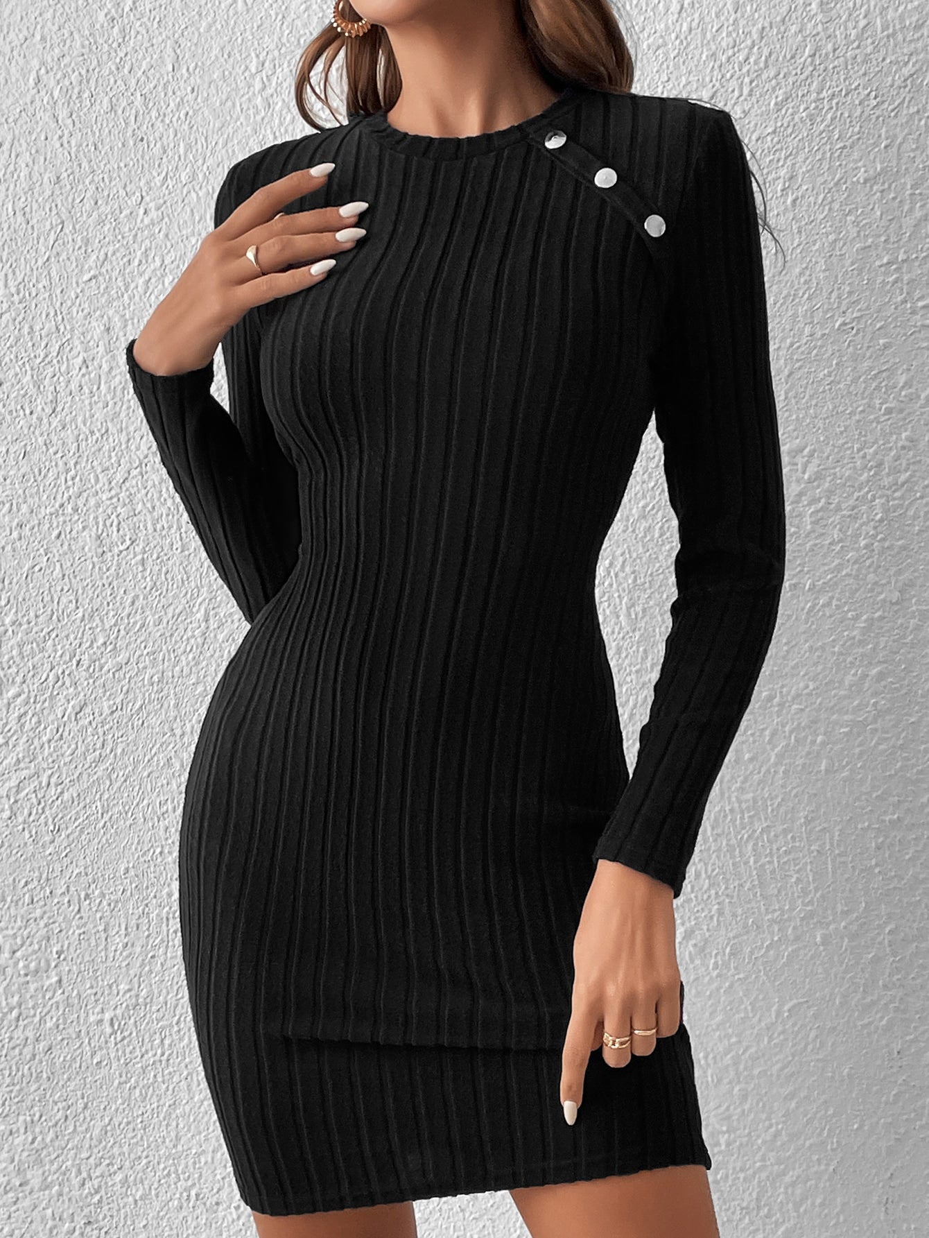SHEIN Frenchy Button Detail Ribbed Knit Bodycon Dress