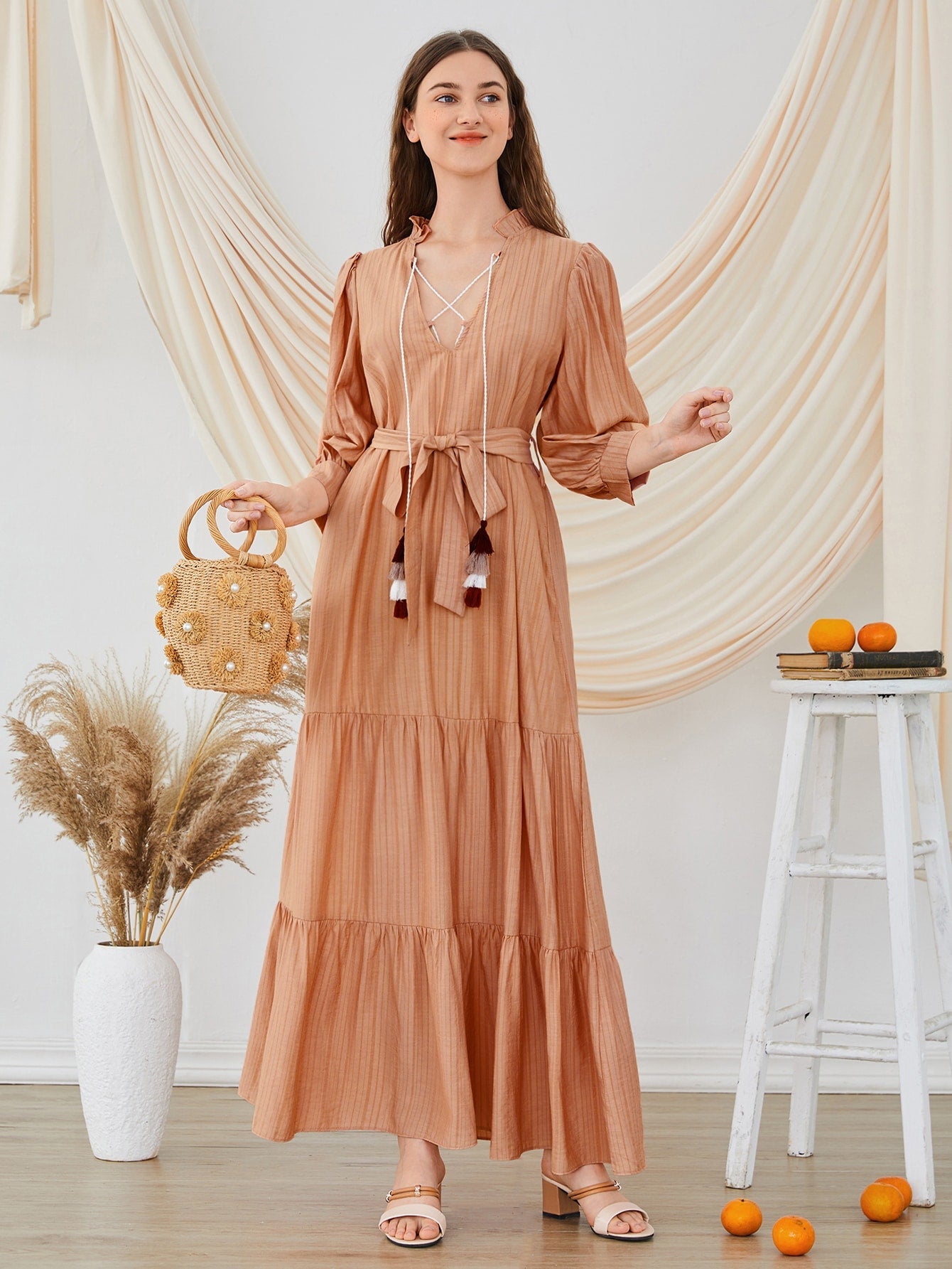 SHEIN Mulvari Fringe Detail Flounce Hem Smock Dress
