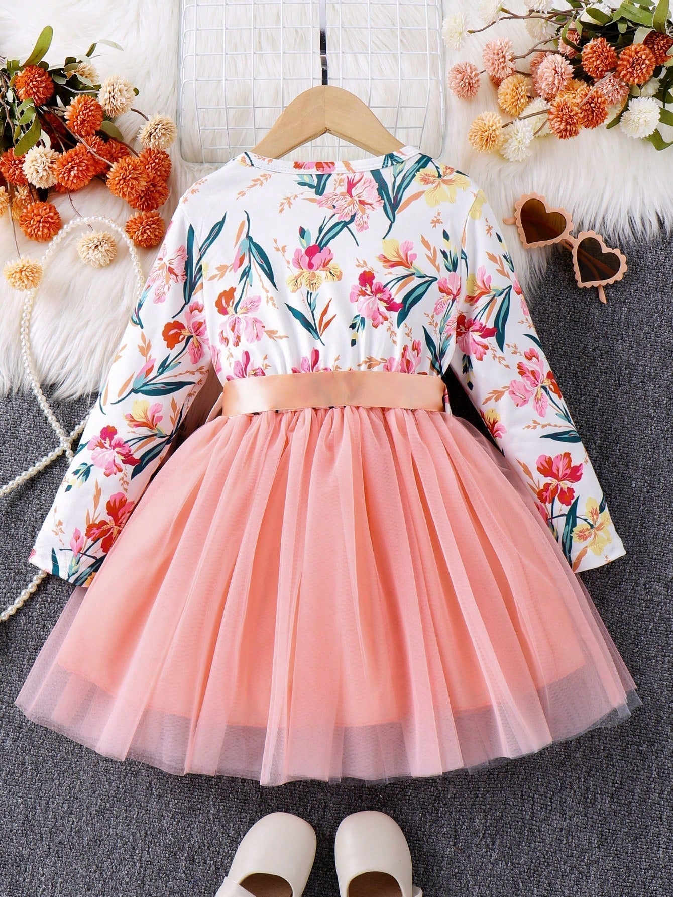 SHEIN Kids Qtfun Young Girl Floral Print Mesh Hem Belted Dress