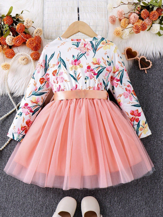 SHEIN Kids Qtfun Young Girl Floral Print Mesh Hem Belted Dress