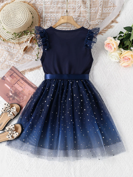 SHEIN Kids CHARMNG Tween Girl Star & Moon Patched Contrast Mesh Ruffle Trim Dress